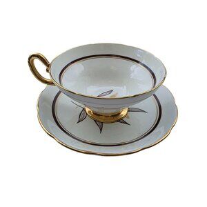 Vintage Taylor & Kent Bone China Teacup & Saucer With Gold Trim & Leaf Design